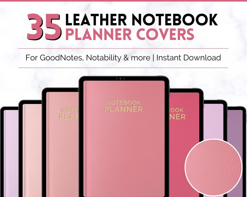 May include: A set of 35 digital planner covers for GoodNotes and Notability apps. The covers are pink and have a leather texture. The text "NOTEBOOK PLANNER" is displayed on the cover in the center.