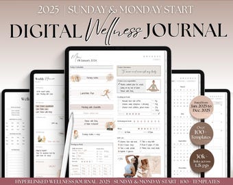 May include: A digital wellness journal with a pink and white color scheme. The journal includes a weekly planner, daily schedule, and monthly calendar. The cover features the text "2025 Sunday & Monday Start Digital Wellness Journal".