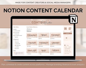 Könnte beinhalten: Ein Laptop-Bildschirm zeigt eine Notion-Content-Kalender-Vorlage mit einem rosa-weißen Farbschema. Der Kalender ist für Social-Media-Manager und Content-Ersteller konzipiert. Die Vorlage enthält ein Hauptmenü, Social-Media-Plattformen und eine Kalenderansicht. Der Text "CONTEfendar" wird in einer stilisierten Schriftart angezeigt. Das Zitat "Das einzig wirklich Wertvolle ist die Intuition." wird am unteren Bildschirmrand angezeigt.