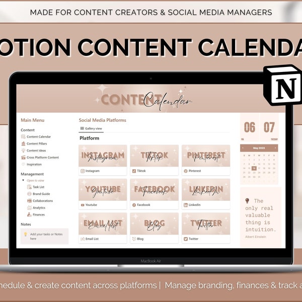 Modèle de notion de planificateur de médias sociaux, calendrier de contenu, tableau de bord de notion esthétique, suivi des médias sociaux, planificateur de notion, créateur de contenu