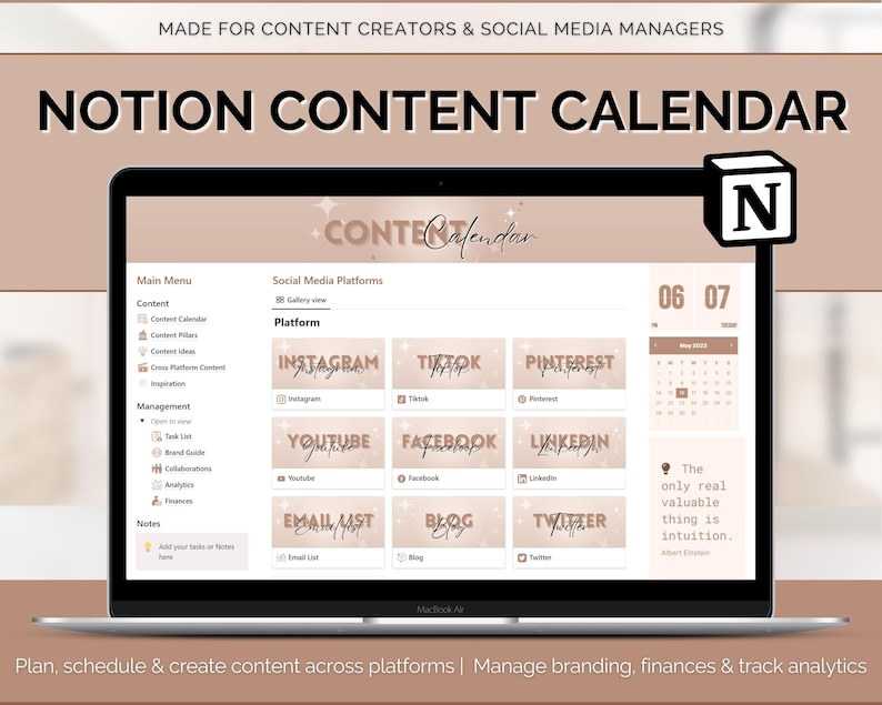 May include: A laptop screen displaying a Notion content calendar template with a pink and white color scheme. The calendar is designed for social media managers and content creators. The template includes a main menu, social media platforms, and a calendar view. The text "CONTEfendar" is displayed in a stylized font. The quote "The only real valuable thing is intuition." is displayed at the bottom of the screen.