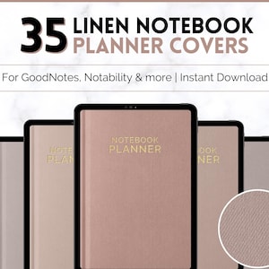 Op de afbeelding: Een set van 35 digitale plannerhoezen met een linnen textuur in een licht roze kleur. De hoezen zijn ontworpen voor gebruik met digitale notitie-apps zoals GoodNotes en Notability. De tekst "NOTEBOOK PLANNER" wordt op de hoes weergegeven in een gouden kleur.