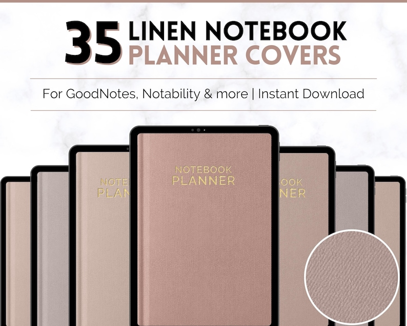 Op de afbeelding: Een set van 35 digitale plannerhoezen met een linnen textuur in een licht roze kleur. De hoezen zijn ontworpen voor gebruik met digitale notitie-apps zoals GoodNotes en Notability. De tekst "NOTEBOOK PLANNER" wordt op de hoes weergegeven in een gouden kleur.