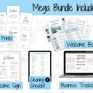 Op de afbeelding: Een digitale marketingbundel voor bedrijven, inclusief een welkomstboek, een welkomstbord, een schoonmaakchecklist en een zakelijke tracker. De bundel bevat 15 afdrukbare items.