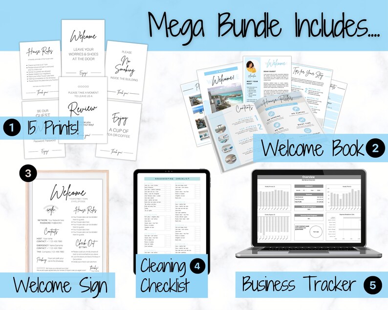 Op de afbeelding: Een digitale marketingbundel voor bedrijven, inclusief een welkomstboek, een welkomstbord, een schoonmaakchecklist en een zakelijke tracker. De bundel bevat 15 afdrukbare items.