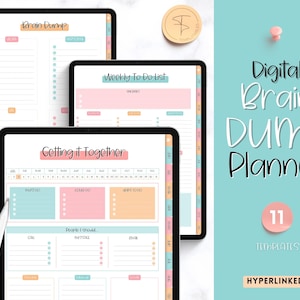 Puede incluir: Un planificador digital con 11 plantillas para vaciar el cerebro, listas de tareas semanales y hacer las cosas. El planificador presenta un esquema de color pastel con acentos rosa, azul y naranja. El texto "Digital Brain Dump Planner" est&aacute; escrito en una fuente grande y juguetona.