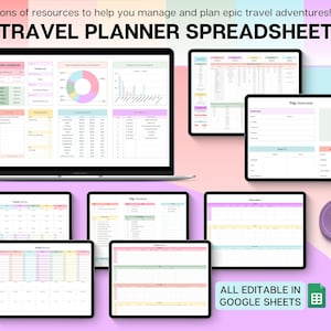 Planificador de viajes definitivo, hoja de cálculo de viajes, diario de viajes digital, plantilla de itinerario de viaje, presupuesto de vacaciones, lista de equipaje, hojas de cálculo de Google