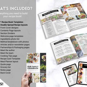 Puede incluir: Una maqueta de un libro de recetas con fondo blanco y texto negro. El libro incluye 55 p&aacute;ginas y presenta una variedad de plantillas, incluyendo tarjetas de recetas, dise&ntilde;os de planificadores de comidas y listas de la compra. El libro se titula "Nuestro libro de cocina familiar".