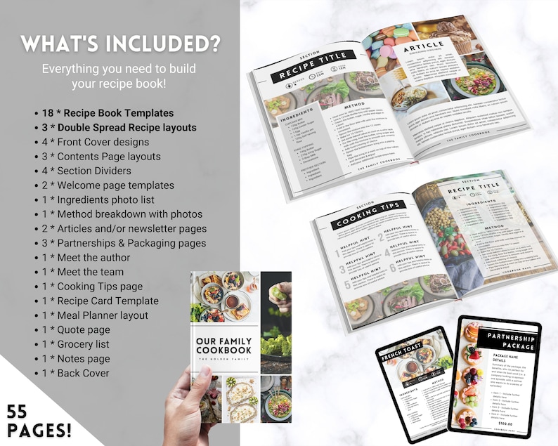 Puede incluir: Una maqueta de un libro de recetas con fondo blanco y texto negro. El libro incluye 55 p&aacute;ginas y presenta una variedad de plantillas, incluyendo tarjetas de recetas, dise&ntilde;os de planificadores de comidas y listas de la compra. El libro se titula "Nuestro libro de cocina familiar".