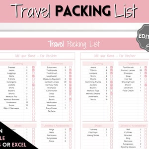 Packing List, EDITABLE Travel Packing Checklist for Google Sheets, Holiday, Vacation, Cruise, College, Wedding, Family, Travel Planner