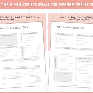 May include: A printable journal page with a gray background and black text. The page is divided into two sections, one for monthly reflections and one for a 5-minute gratitude journal. The monthly reflections section includes prompts for how the month was, challenges, what went well, improvements, and setting up for success next month. The 5-minute gratitude journal includes prompts for people you are grateful for, what you love about your body, wonderful things that happened, achievements, thoughts and notes, things you are excited about, and things to let go.
