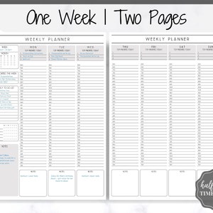 May include: A printable weekly planner with two pages. The planner has a gray background and black text. The planner is divided into seven days of the week, with each day having a section for "Top Priorities Today" and a grid of half-hour time slots from 7:00 AM to 10:00 PM. The planner also includes sections for "Weekly To Do List", "Habits", and "Notes".