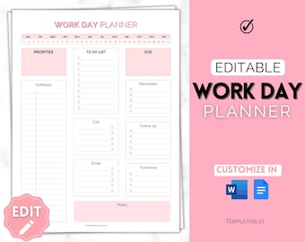 Work Planner, Work Day Organizer, Editable Daily Planner, Work from home To Do List Printable, Business, Office Organizer, Digital Schedule