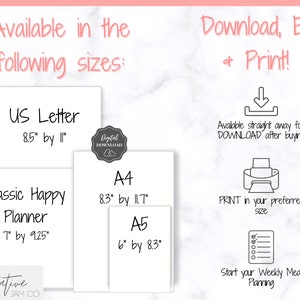 Op de afbeelding: Een digitale downloadafbeelding die de verschillende beschikbare formaten laat zien voor een printbare wekelijkse maaltijdplanner. De formaten zijn US Letter (8,5 inch bij 11 inch), Classic Happy Planner (7 inch bij 9,25 inch), A4 (8,3 inch bij 11,7 inch) en A5 (6 inch bij 8,3 inch).