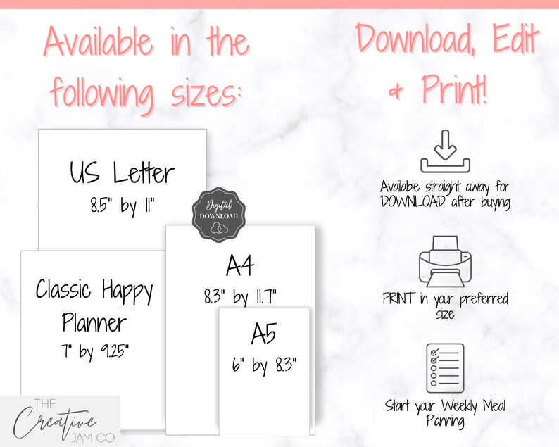 Op de afbeelding: Een digitale downloadafbeelding die de verschillende beschikbare formaten laat zien voor een printbare wekelijkse maaltijdplanner. De formaten zijn US Letter (8,5 inch bij 11 inch), Classic Happy Planner (7 inch bij 9,25 inch), A4 (8,3 inch bij 11,7 inch) en A5 (6 inch bij 8,3 inch).