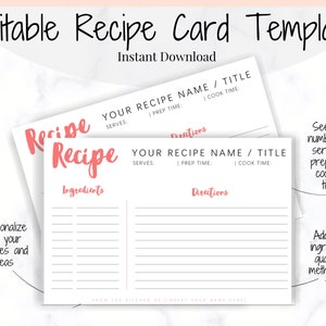 May include: Printable recipe card template with the words "Recipe" in pink text. The template includes sections for the recipe name, servings, prep time, cook time, ingredients, and directions.