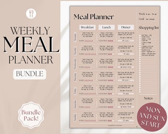 Weekly Meal Planner Printable, Food Diary, Meal Tracker, Food Journal, Menu Plan & Prep, BONUS Grocery List! Diet, Fitness, Health, Pink