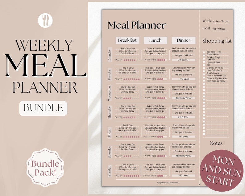 Weekly Meal Planner Printable Food Diary Meal Tracker Food - Etsy Australia