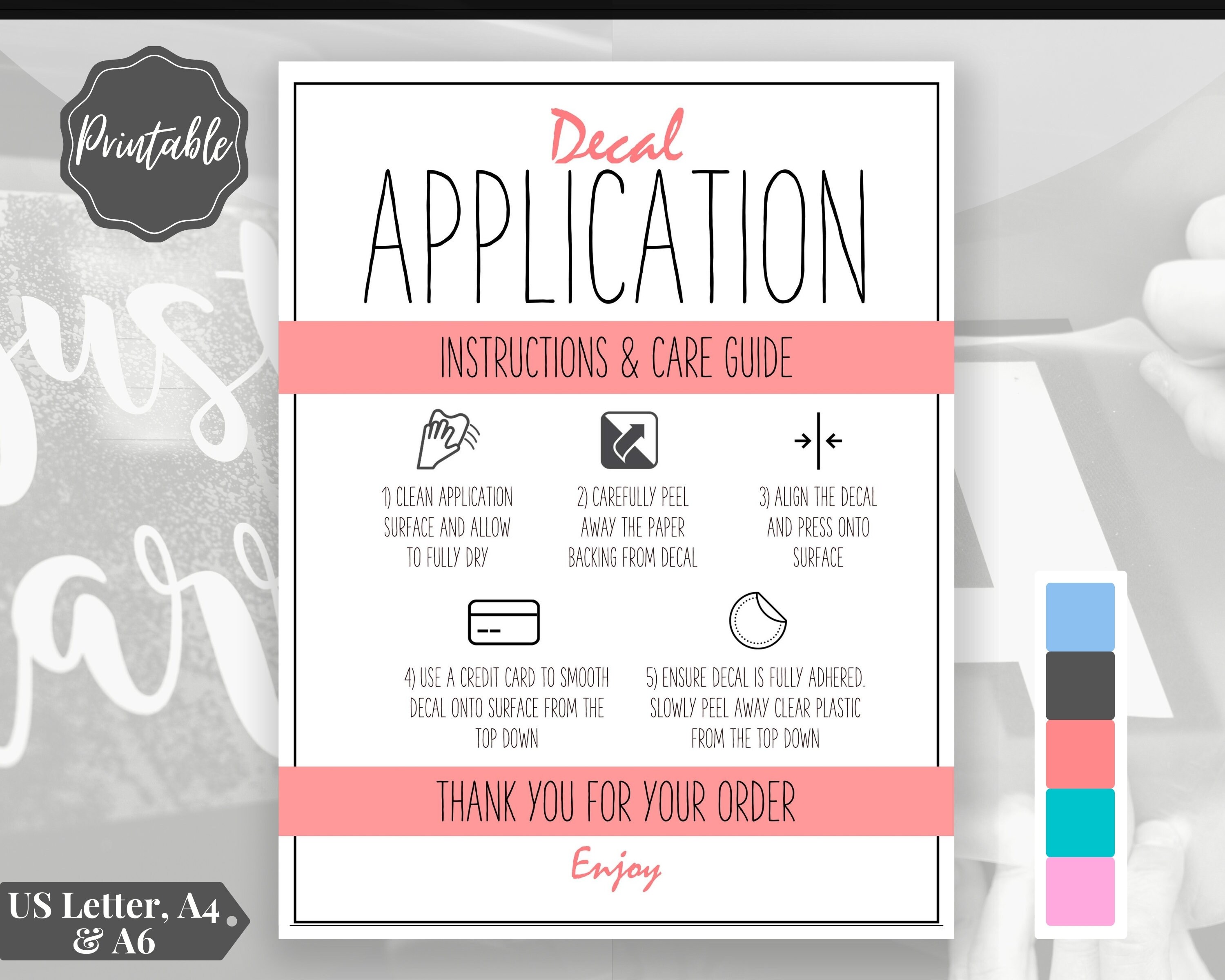 printable vinyl decal care card instructions decal etsy