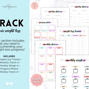 May include: A printable weight loss tracker bundle with colourful pages. The bundle includes a weight loss tracker, monthly check-in, monthly weigh-in, progress photos, and weekly check-in pages.