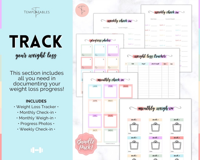 May include: A printable weight loss tracker bundle with colourful pages. The bundle includes a weight loss tracker, monthly check-in, monthly weigh-in, progress photos, and weekly check-in pages.