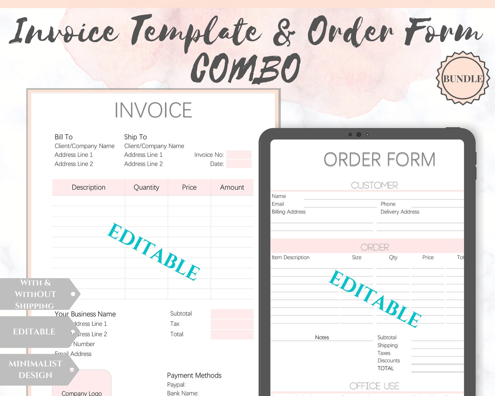 INVOICE Template & ORDER FORM Editable. Custom Receipt Printable. Sales ...
