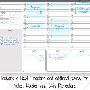 May include: A printable daily planner with a habit tracker, notes section, and space for doodles. The planner includes a light blue background with handwritten notes and illustrations.