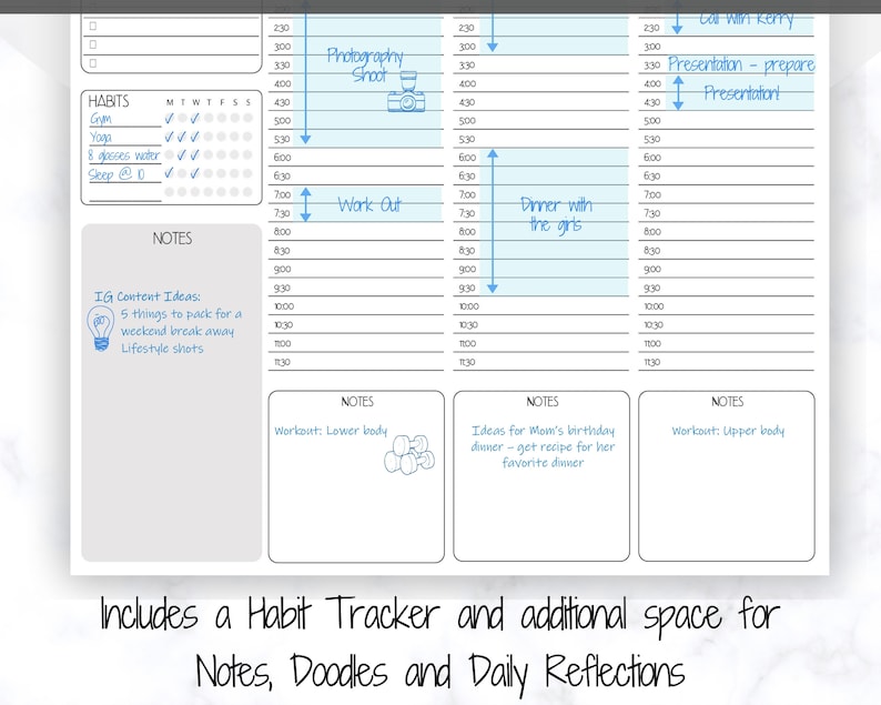 May include: A printable daily planner with a habit tracker, notes section, and space for doodles. The planner includes a light blue background with handwritten notes and illustrations.