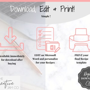Puede incluir: Un gr&aacute;fico de descarga digital con iconos rosas que muestran una flecha de descarga, una lista de verificaci&oacute;n y una impresora. El texto dice "Descargar, editar e imprimir! &iexcl;Simple!" y "Disponible inmediatamente para descargar despu&eacute;s de comprar", "EDITAR en Microsoft Word y personalizar para tus recetas", y "IMPRIMIR tu plantilla de receta final".