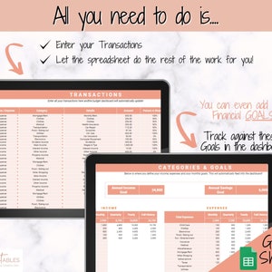 May include: Two tablets showing a financial spreadsheet with the text "All you need to do is... Enter your Transactions". The spreadsheet includes sections for income, expenses, and goals. The Google Sheets logo is visible.