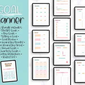 May include: A digital planner with a pink and blue colour scheme. The planner includes pages for setting SMART goals, vision boards, annual goals, quarterly goals, monthly reflections, and a bucket list.