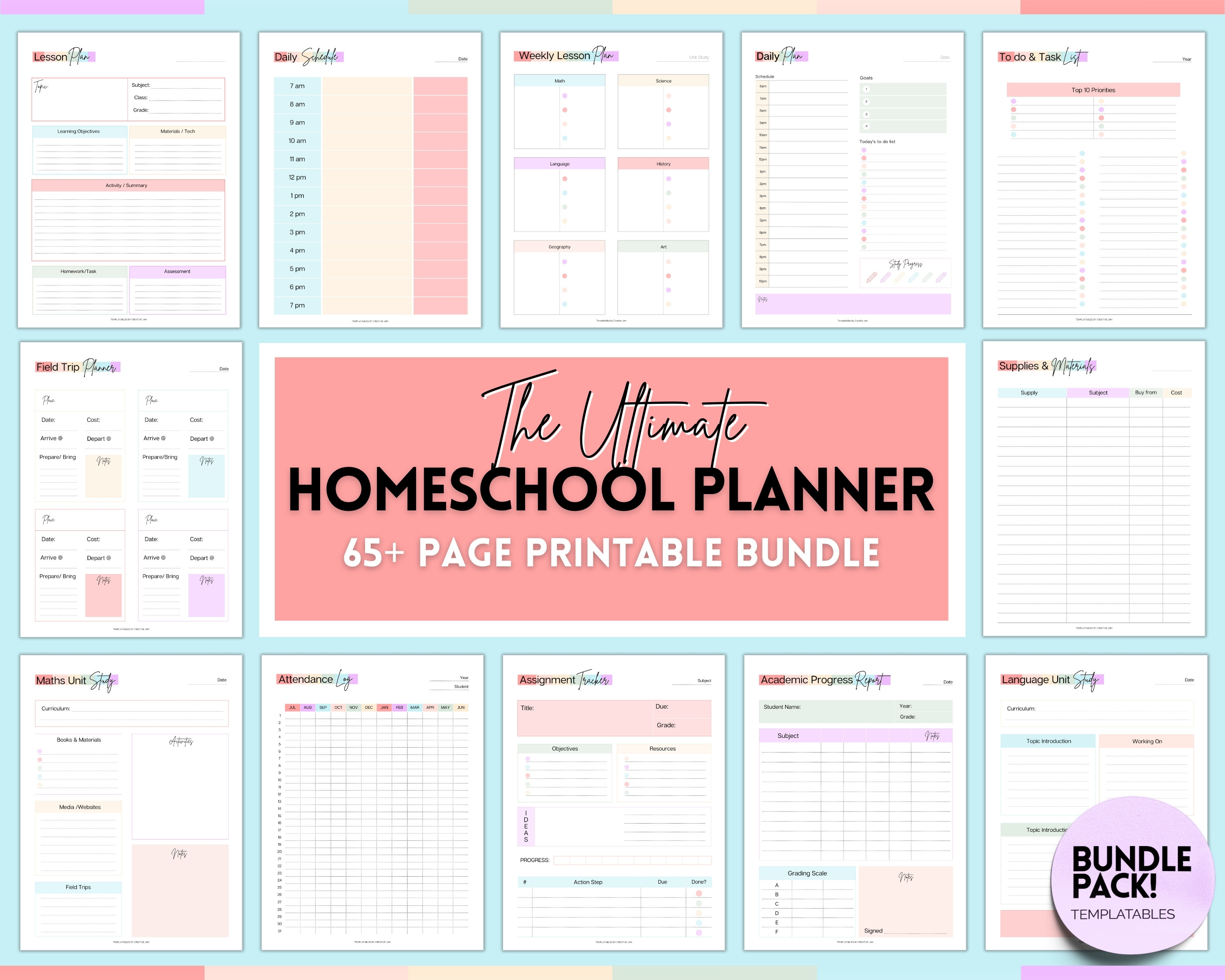 65pg HOMESCHOOL Planner Printable, 2024 2025 Home School Teacher, Academic Lesson Planner, Preschool, Kindergarden, Homework, Daily Schedule
