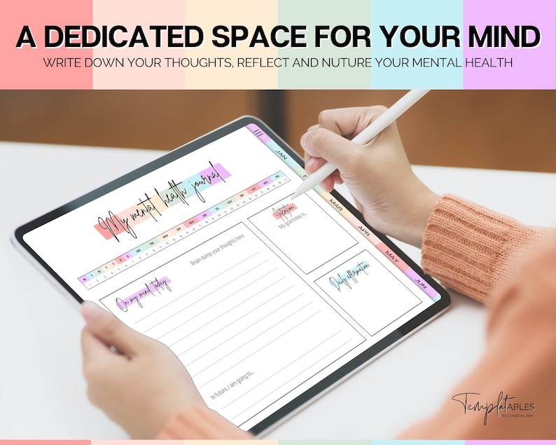 May include: A digital tablet displaying a printable mental health journal template with a colorful design. The journal includes sections for daily reflections, tracking thoughts, and setting goals. The text on the tablet reads "My mental health journal".