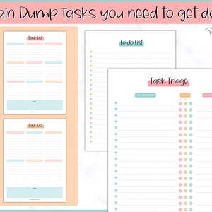 May include: A printable worksheet with three sections: "Task List", "To Do List", and "Task Triage". Each section has a list of blank lines for writing tasks. The "Task Triage" section has three columns: "Task Description", "Must", and "Later".