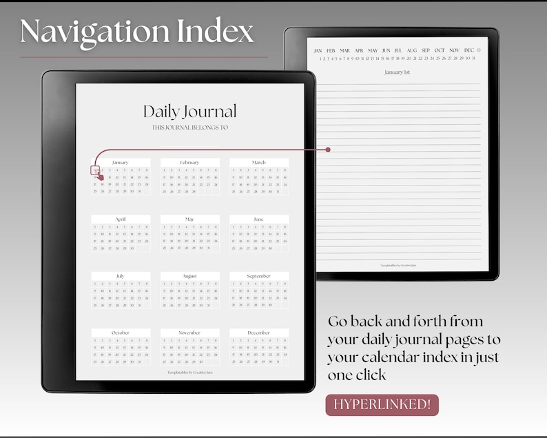 K&ouml;nnte beinhalten: Ein digitaler Planer mit einem Kalenderindex und t&auml;glichen Journalseiten. Der Kalenderindex zeigt ein ganzes Jahr mit jedem Monat in einem separaten Feld. Die t&auml;glichen Journalseiten sind liniert und haben oben einen Platz f&uuml;r das Datum. Der Text "Navigation Index" befindet sich oben im Bild. Der Text "Daily Journal" befindet sich oben im Kalenderindex. Der Text "This journal belongs to" befindet sich unter dem Text "Daily Journal". Der Text "Go back and forth from your daily journal pages to your calendar index in just one click" befindet sich unter dem Bild. Der Text "HYPERLINKED!" befindet sich in einem roten Feld unter dem Text "Go back and forth from your daily journal pages to your calendar index in just one click".