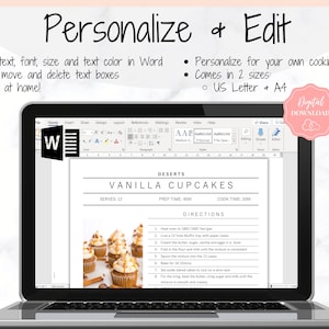 Puede incluir: Una pantalla de computadora port&aacute;til que muestra un documento de Word con una receta de cupcakes de vainilla. La receta incluye instrucciones para hornear y glasear los cupcakes. El documento se titula "Cupcakes de vainilla" e incluye el tama&ntilde;o de la porci&oacute;n, el tiempo de preparaci&oacute;n y el tiempo de cocci&oacute;n. El documento est&aacute; en un esquema de color blanco y negro.