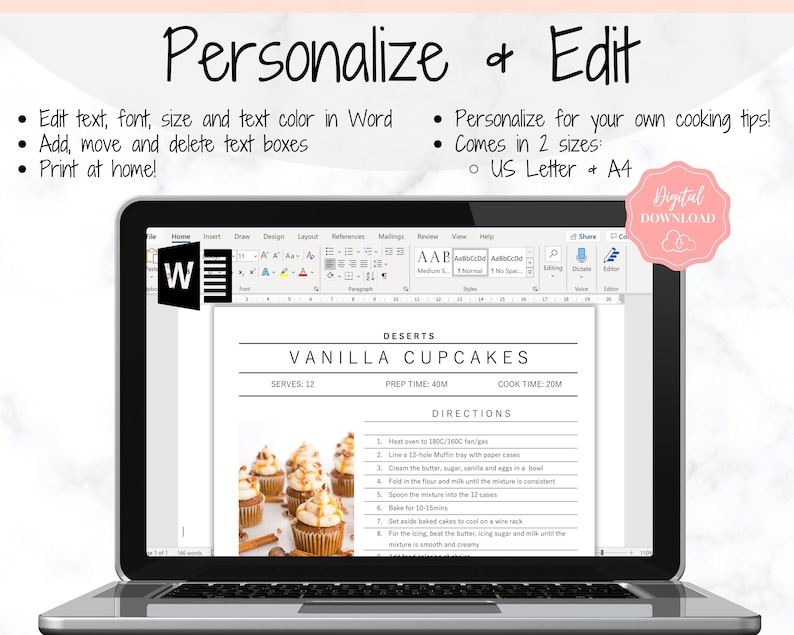 Puede incluir: Una pantalla de computadora port&aacute;til que muestra un documento de Word con una receta de cupcakes de vainilla. La receta incluye instrucciones para hornear y glasear los cupcakes. El documento se titula "Cupcakes de vainilla" e incluye el tama&ntilde;o de la porci&oacute;n, el tiempo de preparaci&oacute;n y el tiempo de cocci&oacute;n. El documento est&aacute; en un esquema de color blanco y negro.