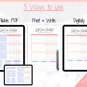 Op de afbeelding: Een digitale productbundel voor een zelfzorgchecklist. De bundel bevat drie versies van de checklist: invulbaar PDF, printbaar en digitaal. De checklist is ontworpen om gebruikers te helpen zich te herinneren om voor zichzelf te zorgen. De checklist is kleurrijk en heeft een pastelkleurenschema.