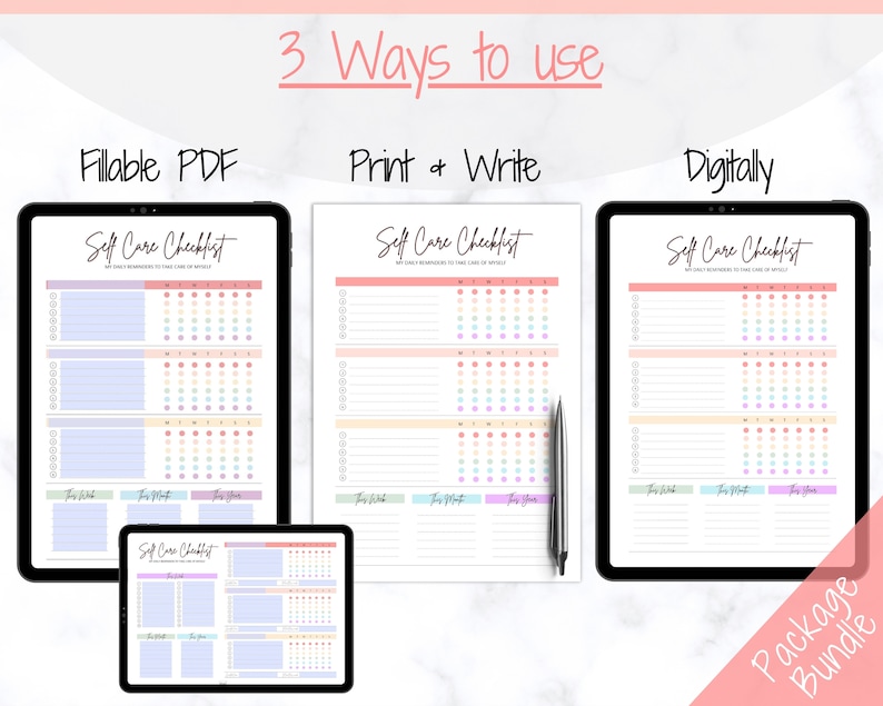 Op de afbeelding: Een digitale productbundel voor een zelfzorgchecklist. De bundel bevat drie versies van de checklist: invulbaar PDF, printbaar en digitaal. De checklist is ontworpen om gebruikers te helpen zich te herinneren om voor zichzelf te zorgen. De checklist is kleurrijk en heeft een pastelkleurenschema.