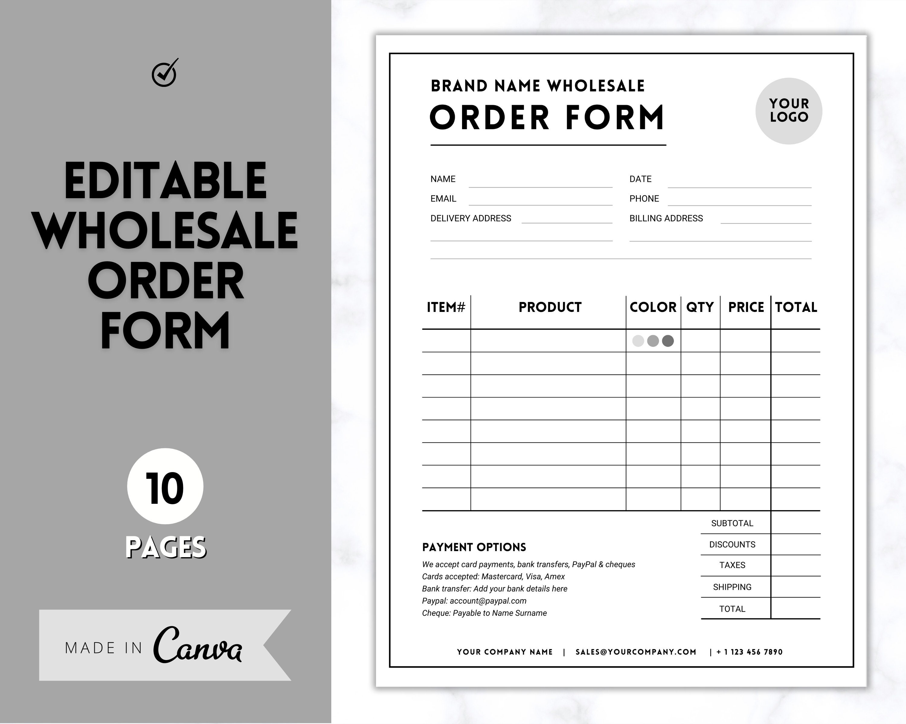 EDITABLE Wholesale Order Form Template Canva Template Etsy