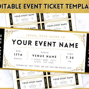 Event Ticket Vorlage, EDITIERBARE DIY Event Printable, Überraschungs getaway Einladung, Weihnachten, Geschenk für Ihn, Musical Theater Show Konzert GOLD
