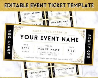 Event Ticket Template, EDITABLE DIY Event Printable, Surprise Getaway Invitation, Christmas, Gift for him, Musical Theatre Show Concert GOLD