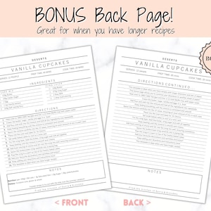Puede incluir: Plantilla de receta imprimible para cupcakes de vainilla con un dise&ntilde;o en blanco y negro. La primera p&aacute;gina incluye los ingredientes y las instrucciones para la mezcla de cupcakes y el glaseado. La segunda p&aacute;gina incluye las instrucciones continuadas, notas y un espacio para notas adicionales. La plantilla est&aacute; etiquetada como "Bonus Back Page!" y es ideal para recetas m&aacute;s largas.