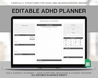 EDITABLE ADHD Digital Planner, Daily Planner Spreadsheet, Neurodivergent, Brain Dump, To Do List, Cleaning, Symptom Tracker, Google Sheets