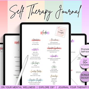 May include: A digital journal with a pink, orange, and purple background. The journal is titled "Self Therapy Journal" and includes sections for "Index", "Boundaries", "Imposter Syndrome", "Growth", "Journaling", and "Negative Thoughts". The journal also includes a bonus sticker pack.