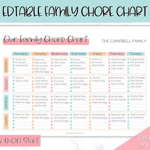 Family Chore Chart, Editable Family Planner Printable, Weekly Family Schedule, Family Calendar, Command Center, Weekly Household, Kids Adult