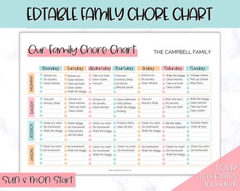 Family Chore Chart, Editable Family Planner Printable, Weekly Family Schedule, Family Calendar, Command Center, Weekly Household, Kids Adult