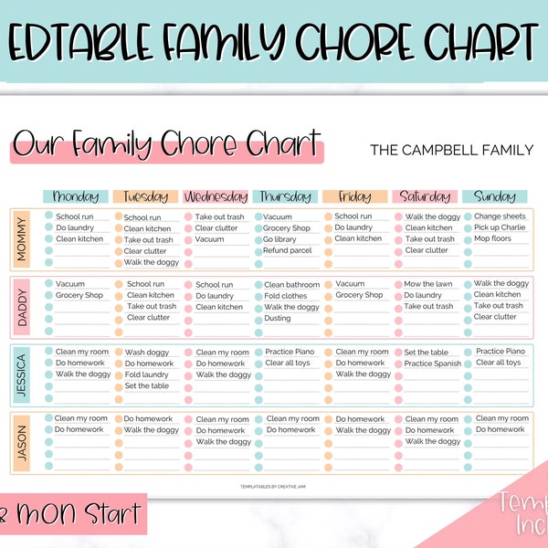 Family Chore Chart, Editable Family Planner Printable, Weekly Family Schedule, Family Calendar, Command Center, Weekly Household, Kids Adult