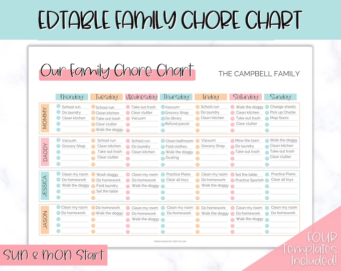 Printable Chore Chart Google Sheet Excel Template Planner, Family Chore ...