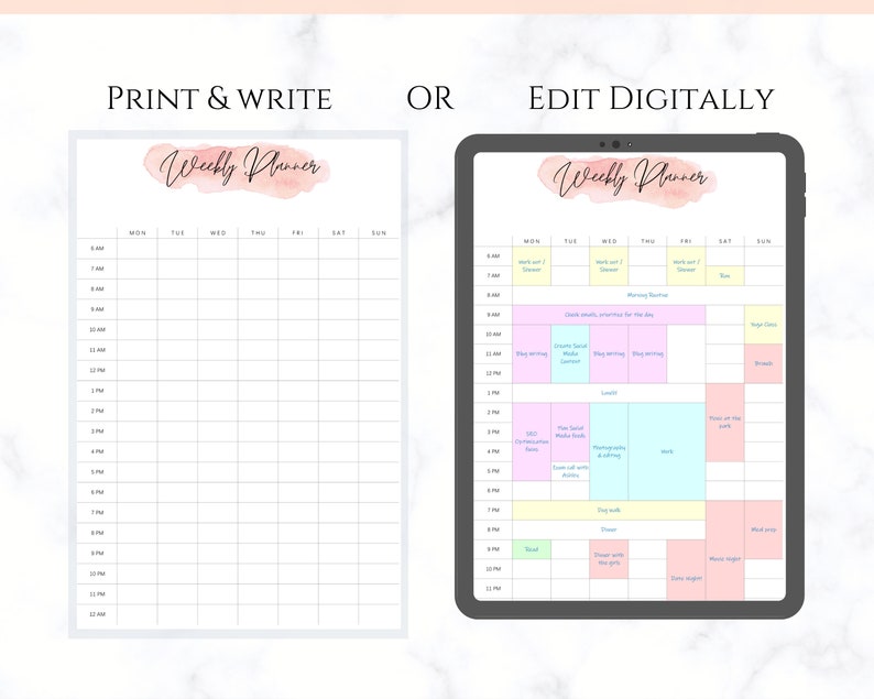 weekly hourly planner undated printable editable to do list etsy